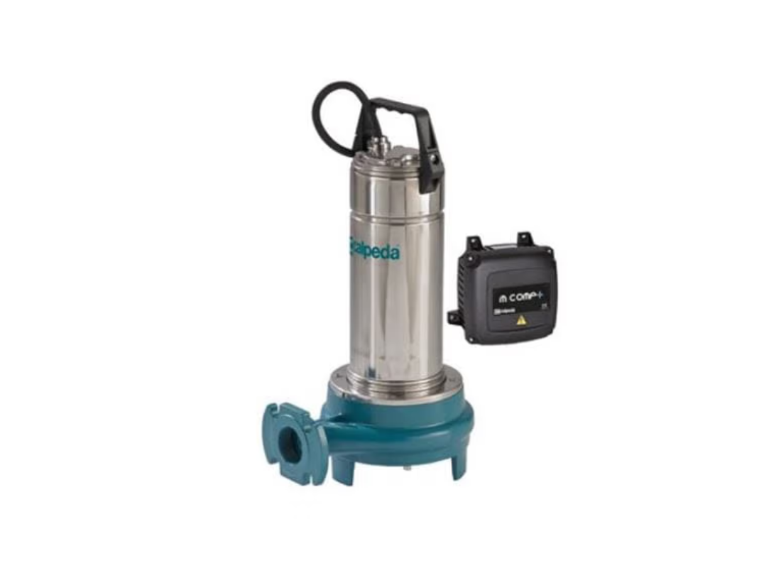 Calpeda GQGM 6-18 stainless steel submersible wastewater pump with grinder impeller, showcasing durable construction and impeller blades.