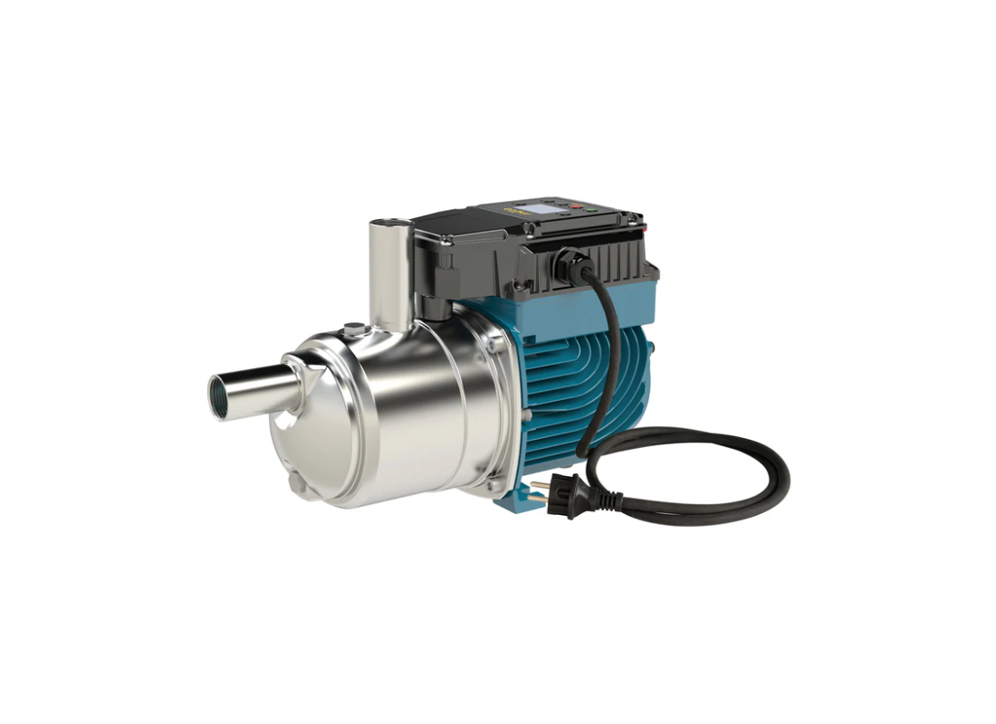 Calpeda META stainless steel variable speed constant pressure pump with digital control panel and piping connections.