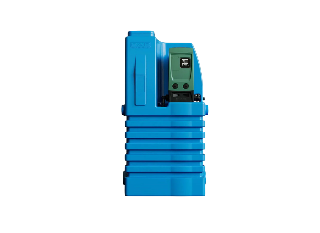 DAB E.SYTANK 480L mains pressure booster system with E.SYBOX MINI 3 VFD pump for water pressure enhancement.