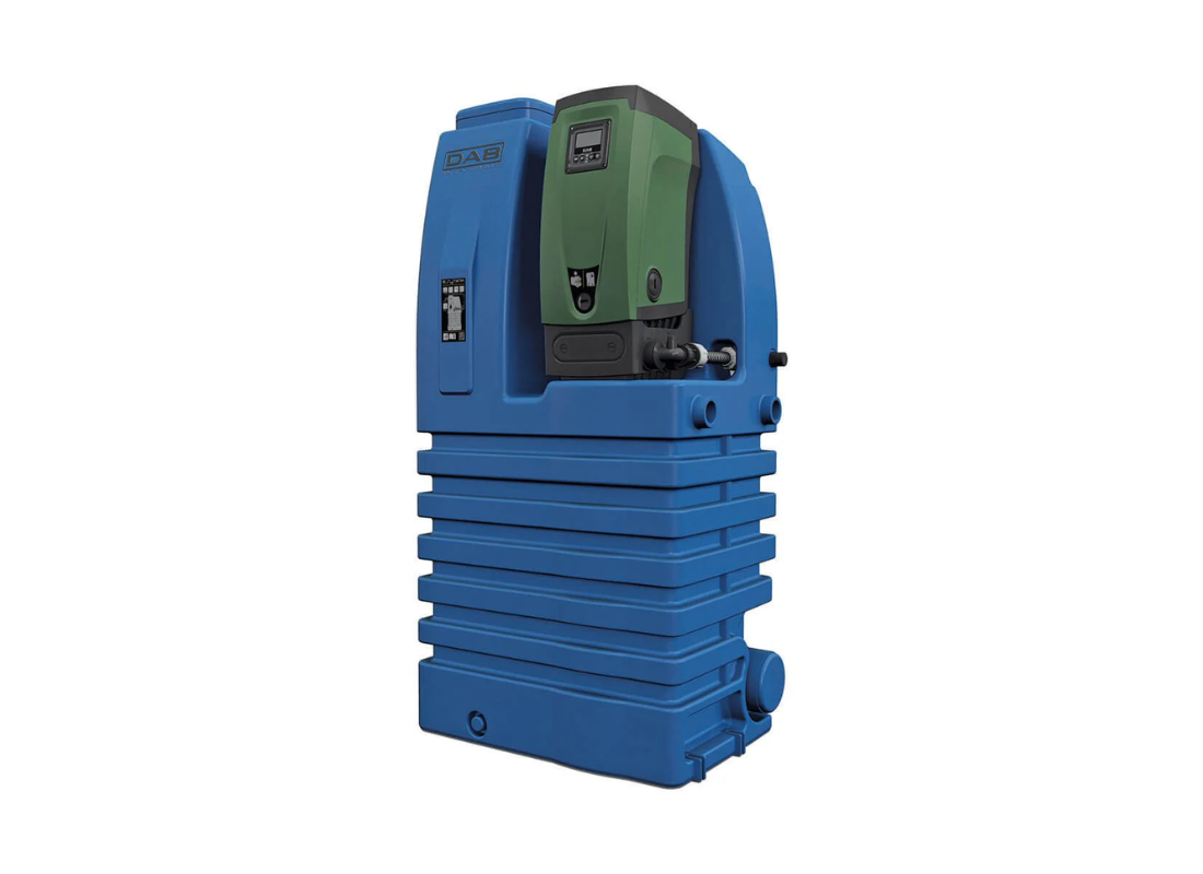 DAB E.SYTANK 480L mains pressure booster system with E.SYBOX VFD pump, showing tank and pump components in a residential setup.