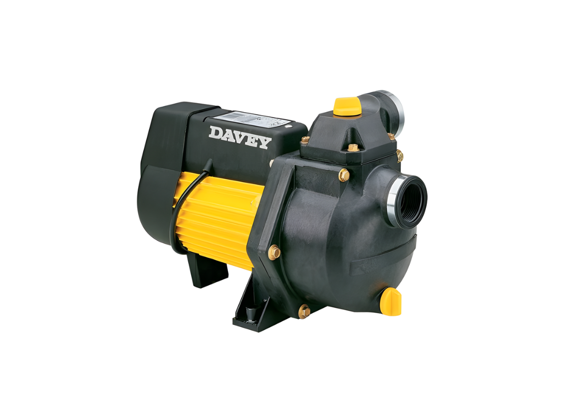 Davey Dynaprime X201 Noryl self-priming transfer pump with single impeller, showing the pump's compact design and inlet/outlet ports.