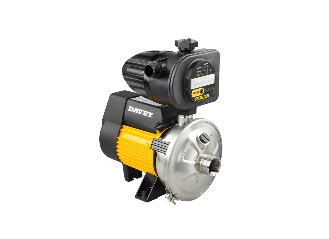 Davey HP45-05T stainless steel centrifugal multistage pressure pump with Torrium2 controller, showing pump and control unit.