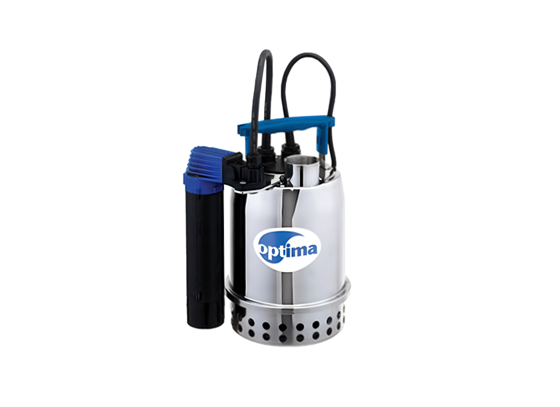 Ebara Optima MS stainless steel submersible drainage pump with magnetic switch, showing the pump's compact design and durable construction.