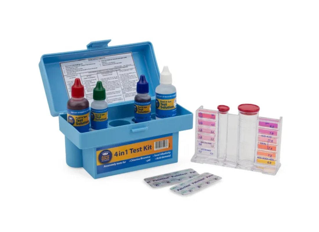 Enviroswim 4-in-1 pool water test kit with color-coded test strips and bottle for measuring pool water quality.