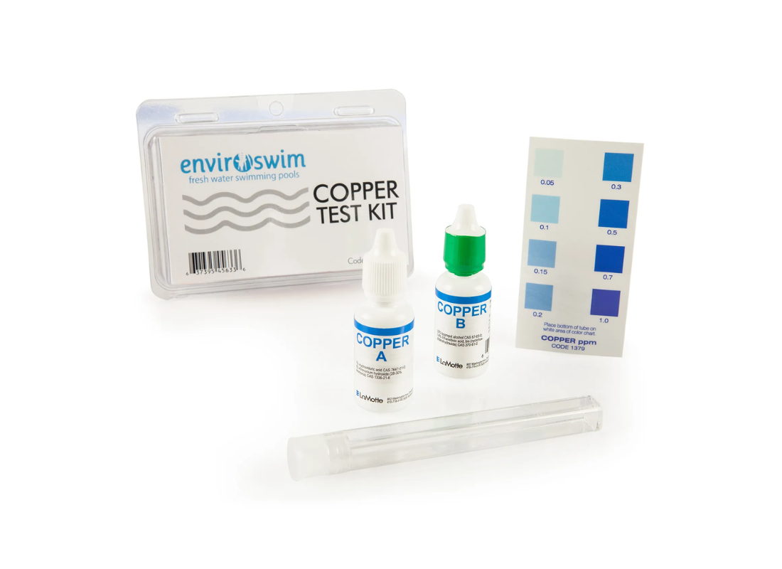 Enviroswim Copper Test Kit for pool water quality testing, featuring testing bottles and color charts in a compact accessory package.