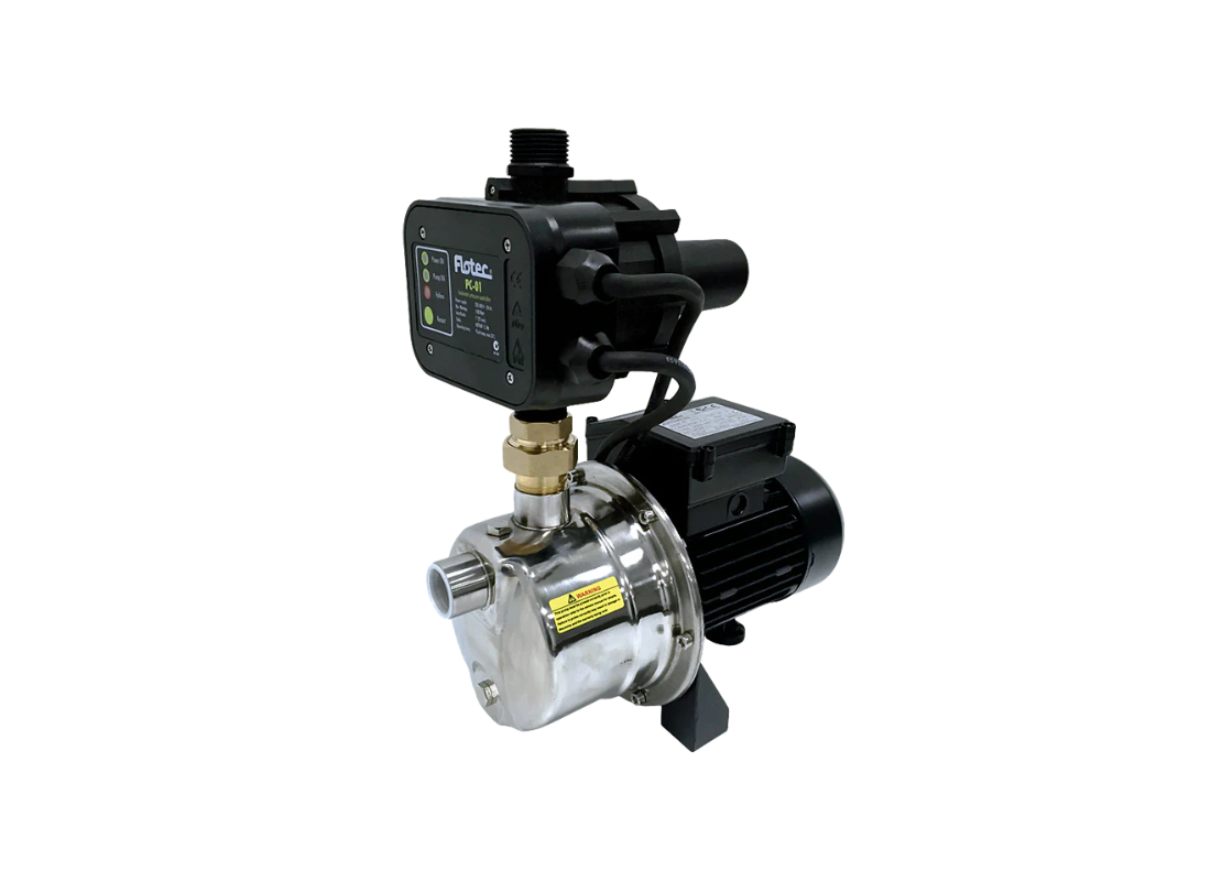 Stainless steel Flotec AJP40 self-priming jet pressure pump with integrated controller for reliable water pressure.