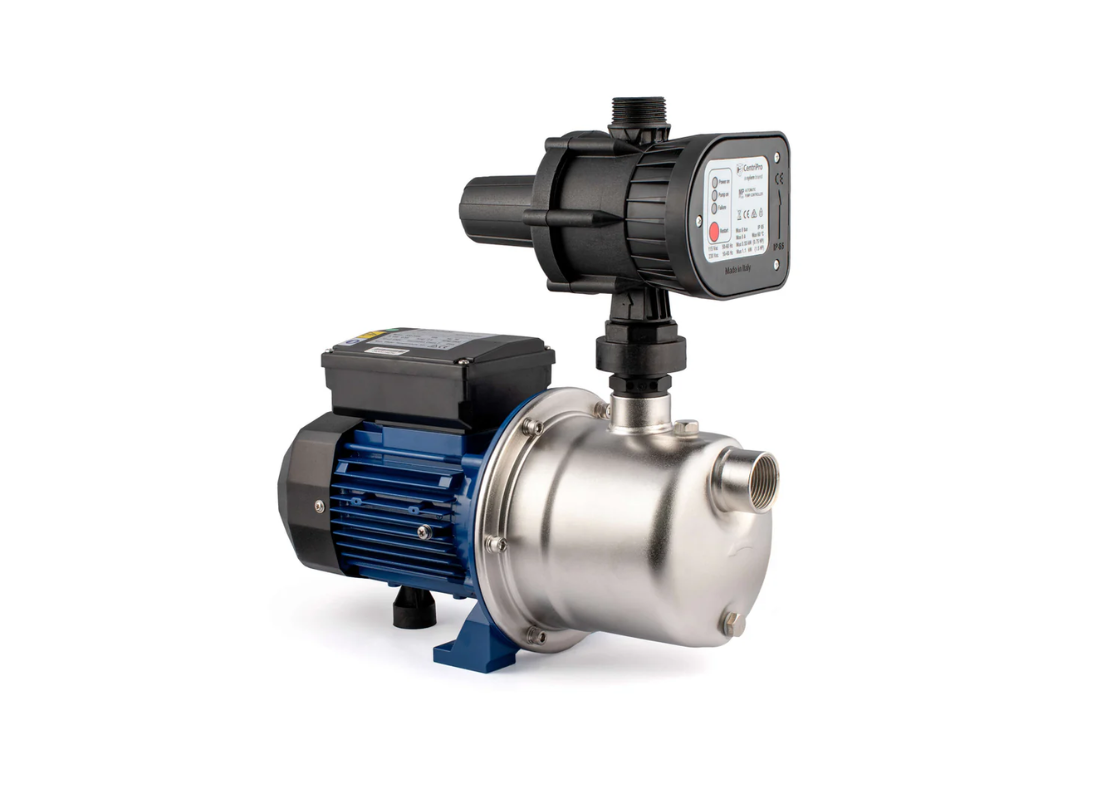 Goulds XBGR 50 stainless steel self-priming jet pressure pump with controller, showcasing the pump's compact design and control panel