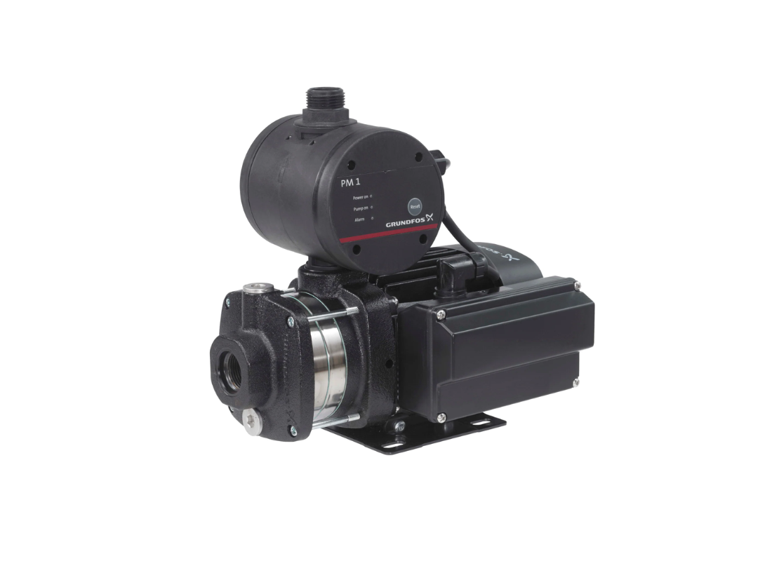 Grundfos CMBooster CMB 5-46 multistage pressure pump with PM1 controller, showing the pump and control unit in a detailed view.