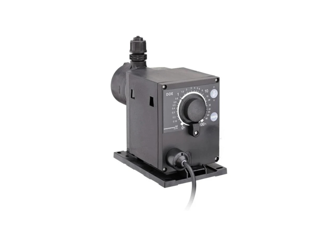 Grundfos DDE 6-10 B digital diaphragm dosing pump with manual speed control, featuring a compact design and control panel.