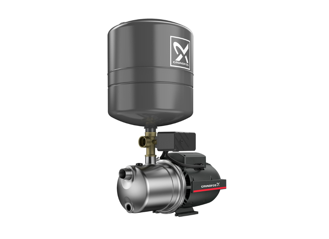 Grundfos JP 5-48PT self-priming jet pressure pump with 20L pressure tank, showcasing pump and tank setup for water pressure.