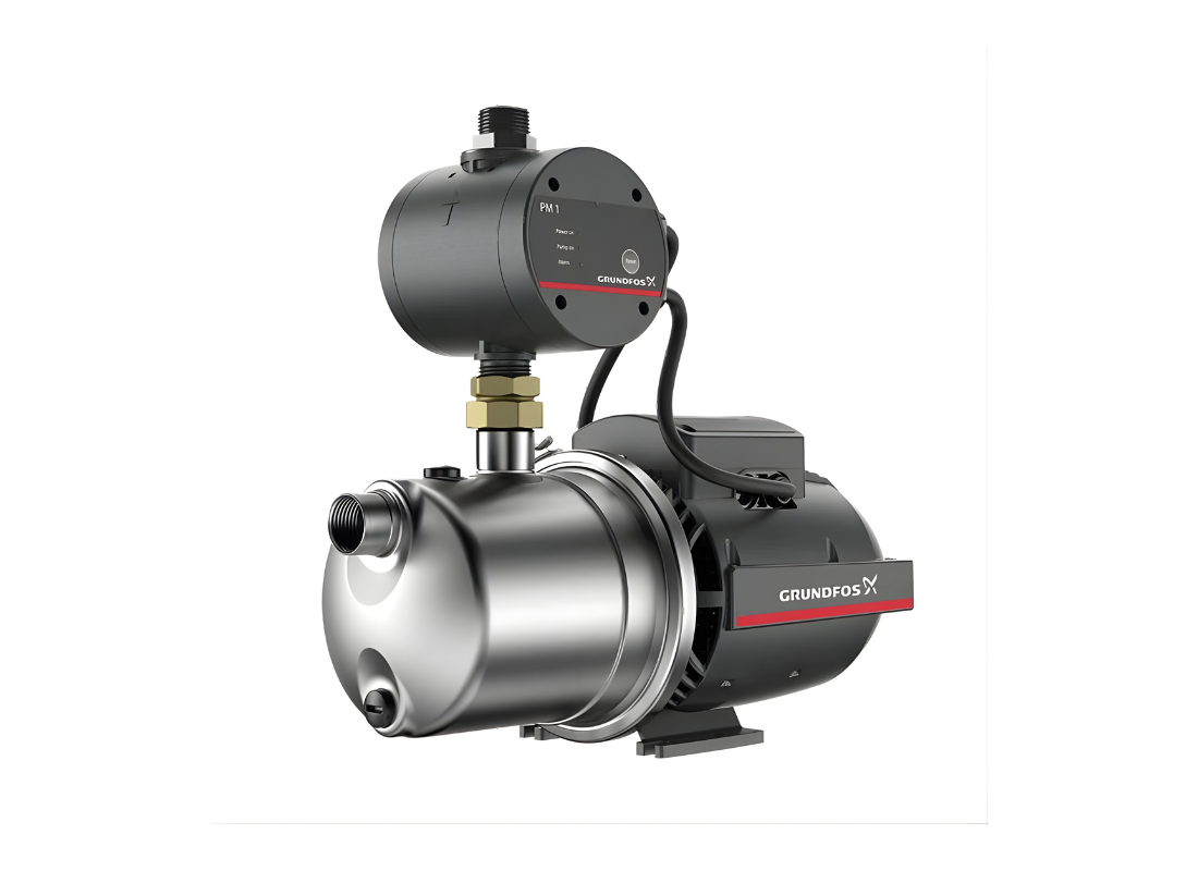 Grundfos JP 5-48PM self-priming jet pressure pump with PM1 controller, shown with inlet and outlet connections.