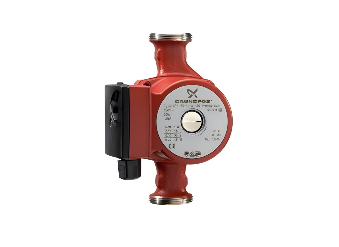 Grundfos UPS 20-60N stainless steel hot water circulation pump with three adjustable speed settings.