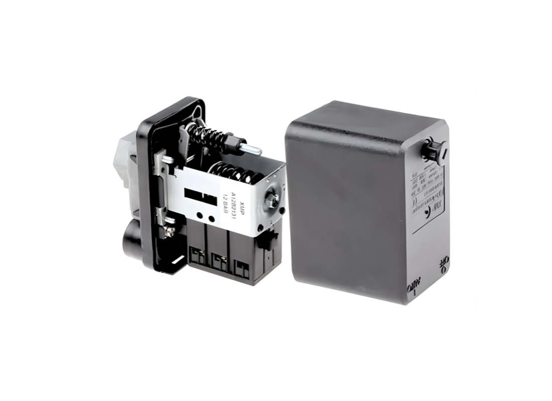Grundfos Telemecanique XMP-12 N/C adjustable pressure switch with dial and connection ports, used for controlling fluid pressure.