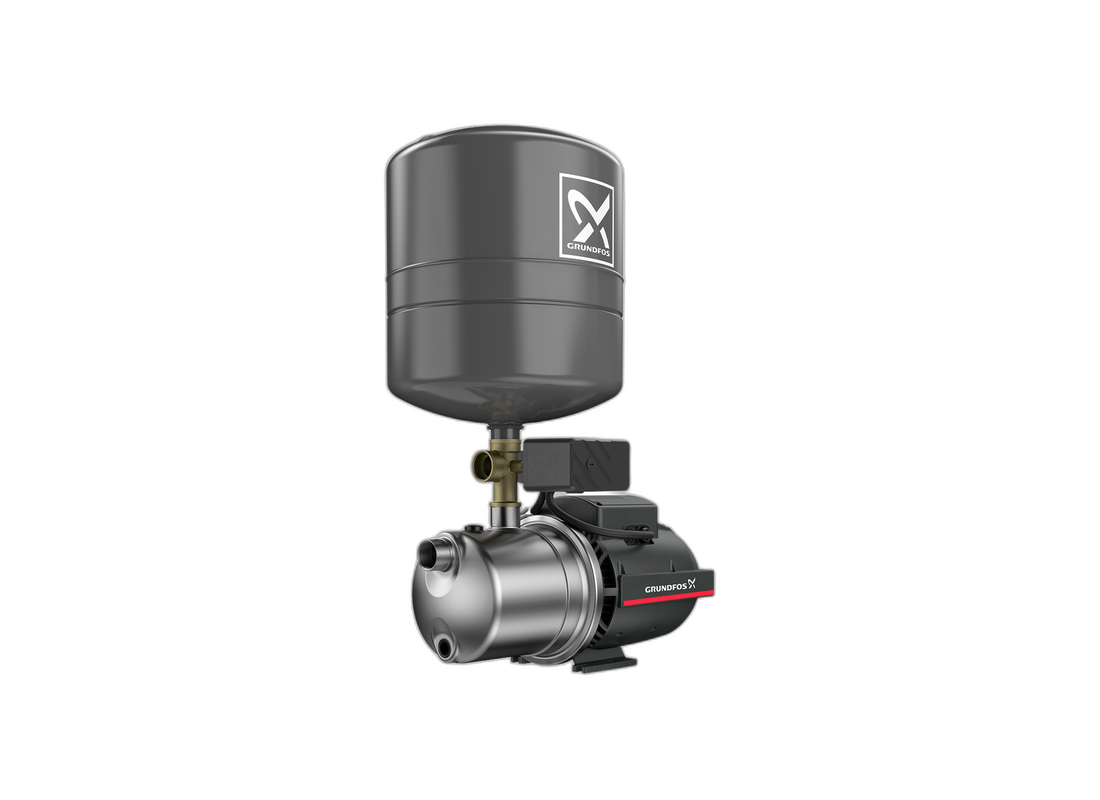 Grundfos JP 4-54 stainless steel self-priming jet pump for tank filling and home water supply with pressure tank.
