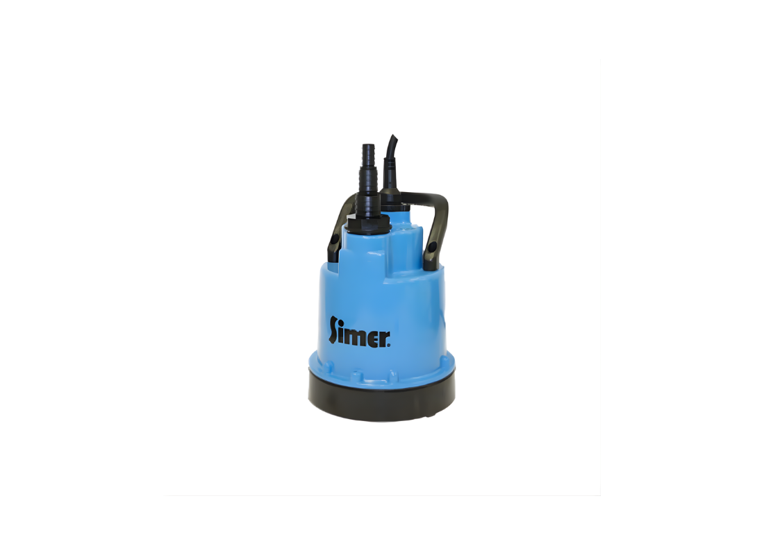 Jung Simer aluminium submersible drainage pump used for puddle and water removal in outdoor or construction settings.