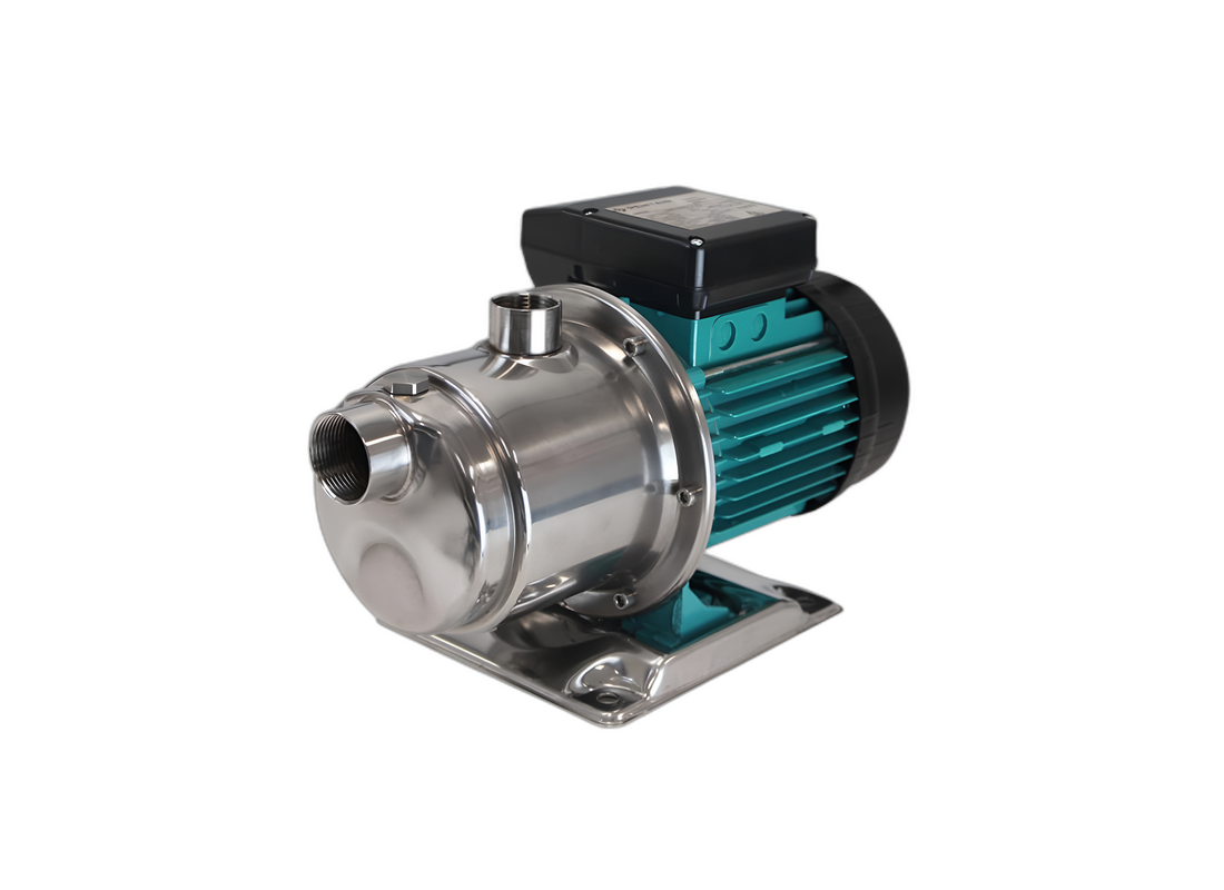 Onga OME340 stainless steel self-priming multistage centrifugal irrigation pump with PPO impeller, shown in a close-up image.
