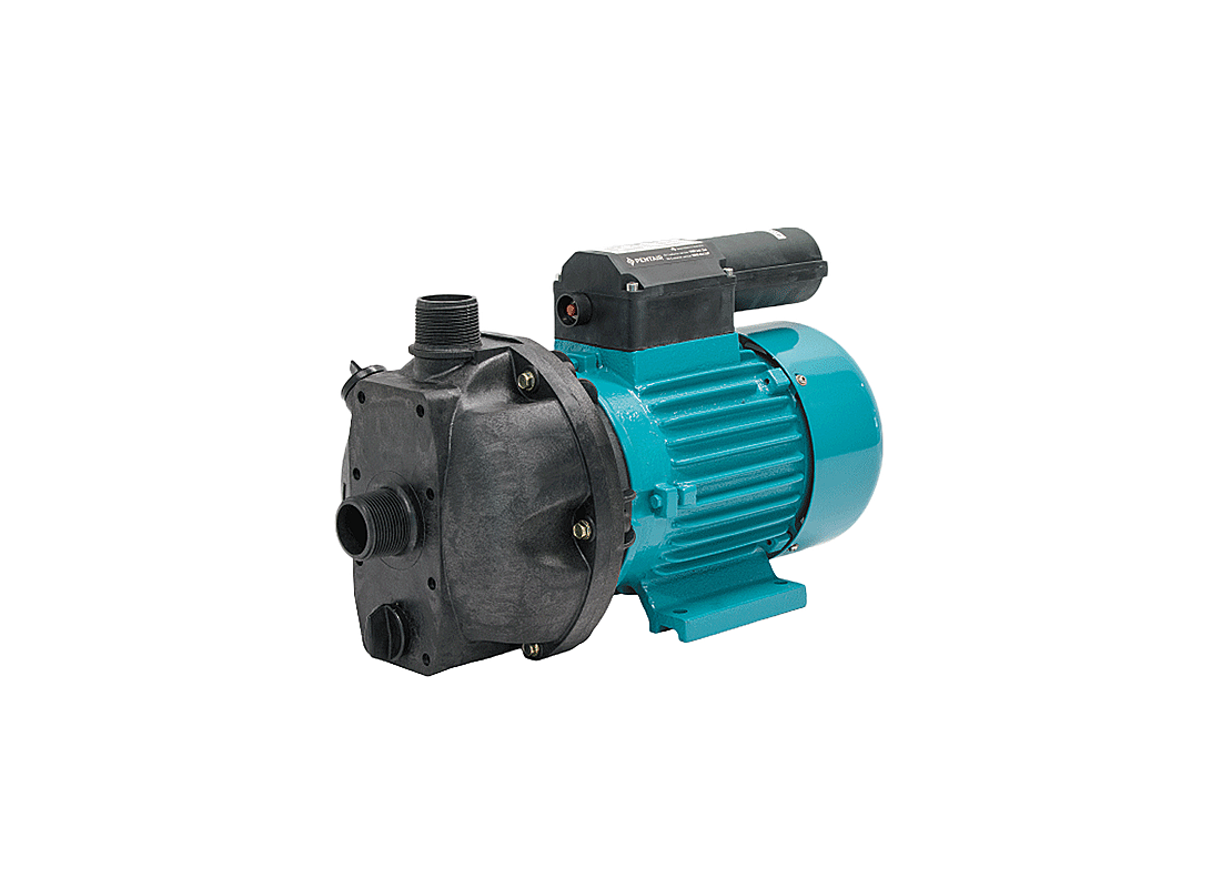 Onga 112 thermoplastic high flow centrifugal water transfer pump with closed impeller, shown in a close-up image of the pump.
