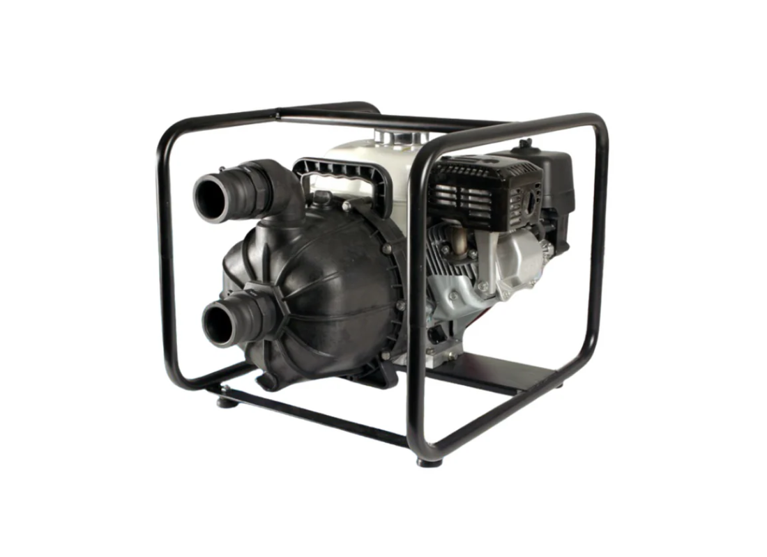 Onga HTP750VR single-stage chemical transfer pump with Honda GX200 engine, metallic pump body and fuel inlet for petrol transfer.