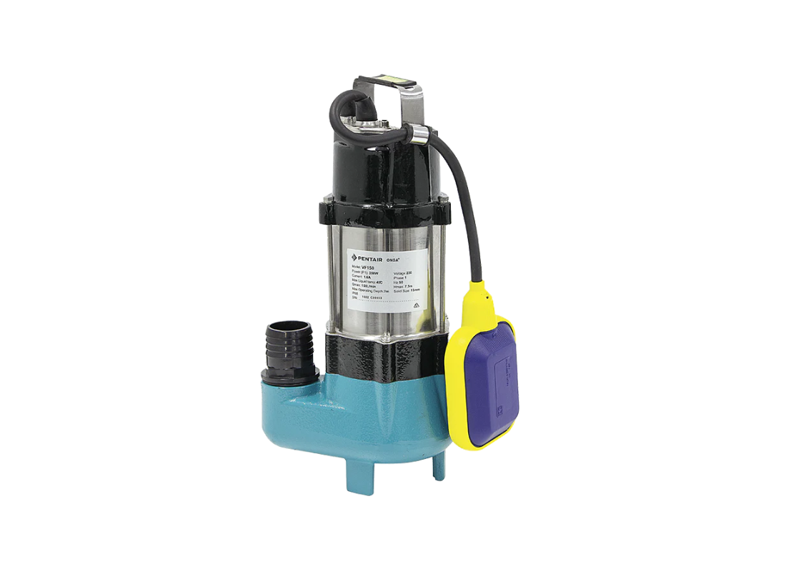 Onga VF150 cast iron submersible drainage pump with vortex impeller for efficient water removal, shown in a close-up view.