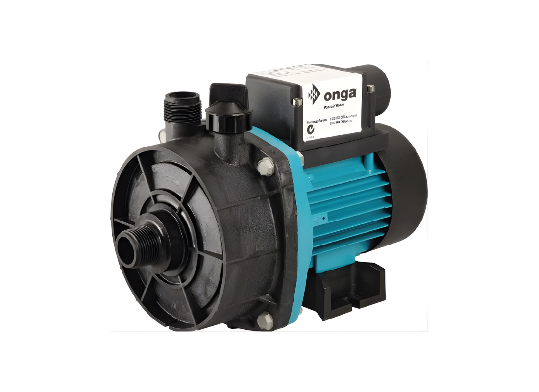 Onga 413 corrosion-resistant ABS centrifugal transfer pump with metal inlet and outlet ports, used for fluid transfer applications.