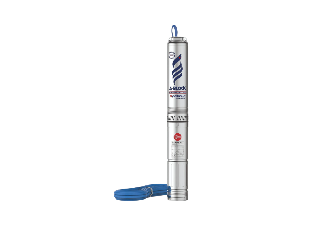 Pedrollo 4BLOCKm4/6 stainless steel 4-inch submersible bore pump with 30-meter cable, designed for deep well water extraction.