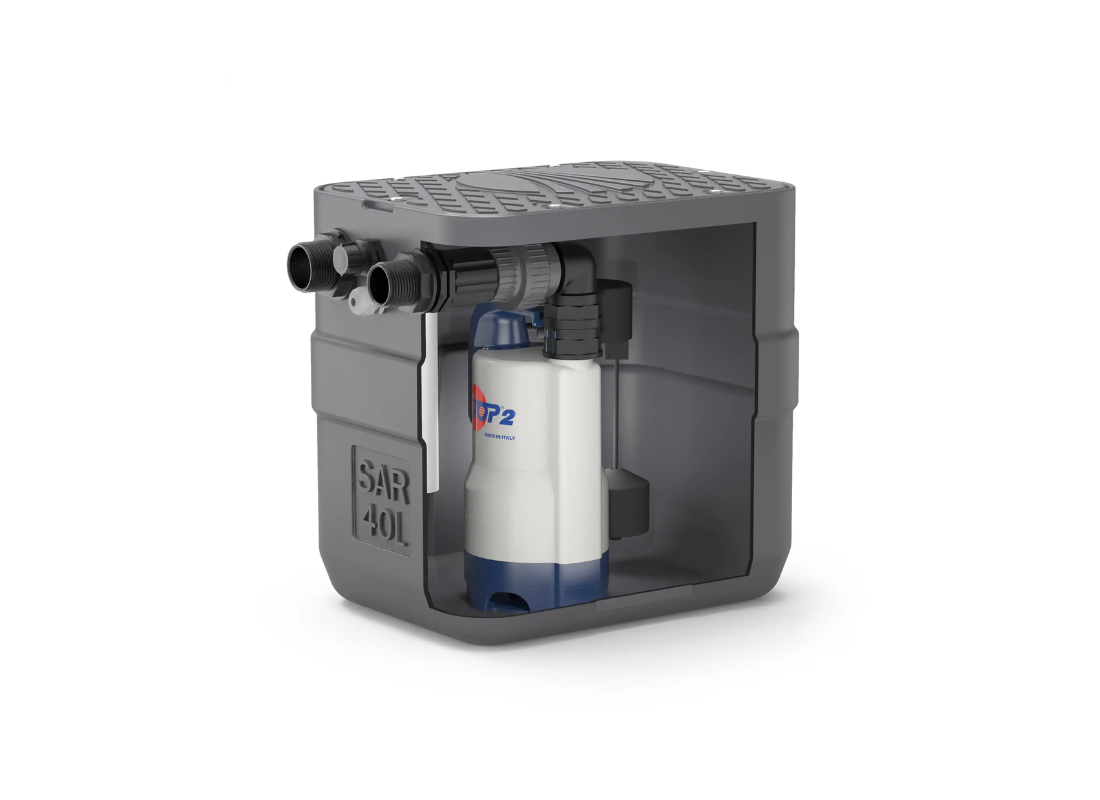 Pedrollo SAR 40L compact poly clean water pump pit with top vortex pump for efficient water management and drainage.