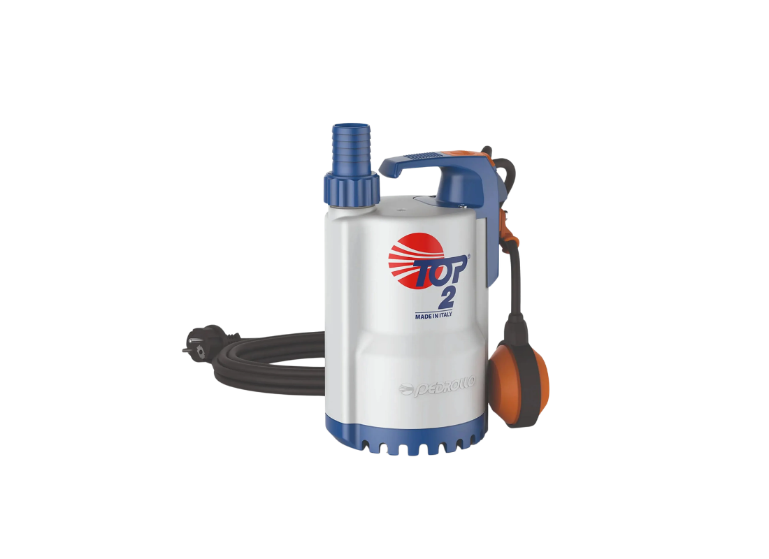Pedrollo TOP 2 technopolymer submersible drainage pump with float switch for efficient water removal and drainage applications.