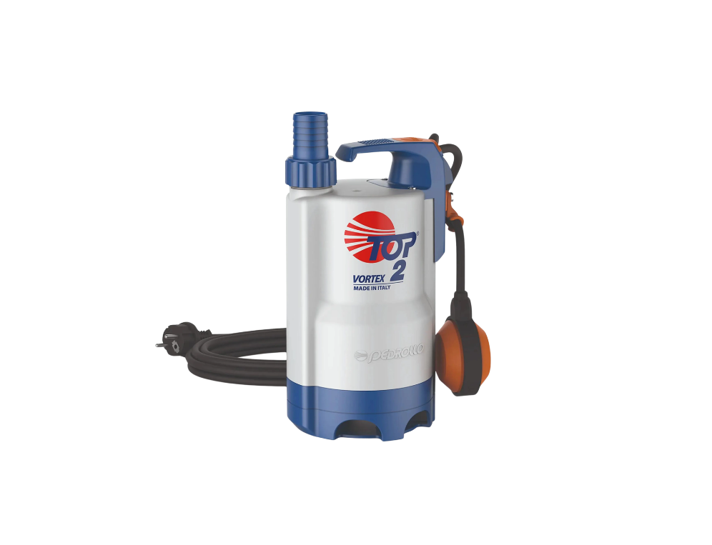 Pedrollo TOP 2 technopolymer submersible drainage pump with vortex impeller for efficient water removal and drainage.