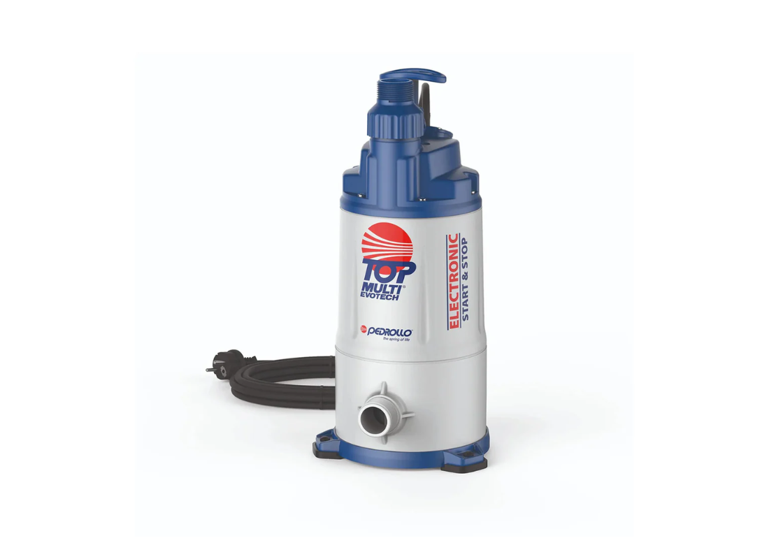 Pedrollo TOP MULTI EVOTECH 2 submersible multistage drainage pump with built-in controller, shown in a technical setup.