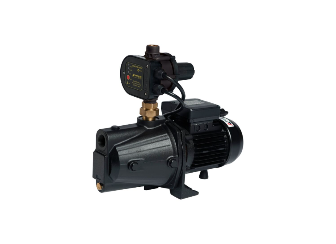 Pumpmaster CTJ120PC cast iron self-priming jet pressure pump with controller, showing the pump unit and control panel.