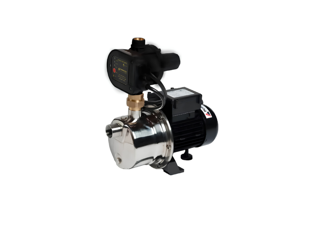 Pumpmaster JSL60PC stainless steel jet pressure pump with automatic controller, showing the compact pump unit with inlet and outlet fittings.