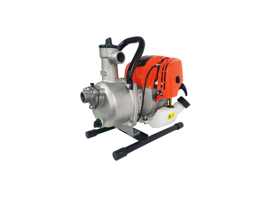 Pumpmaster SEV-25F aluminium portable transfer pump with KOSHIN K35 4-stroke petrol engine, used for firefighting and fluid transfer.