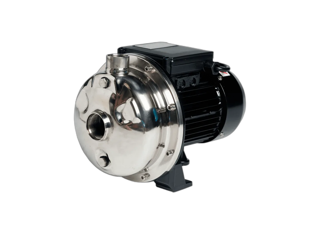 Pumpmaster SSM100 stainless steel high-flow centrifugal transfer pump with single impeller, showing the pump body and inlet/outlet ports.