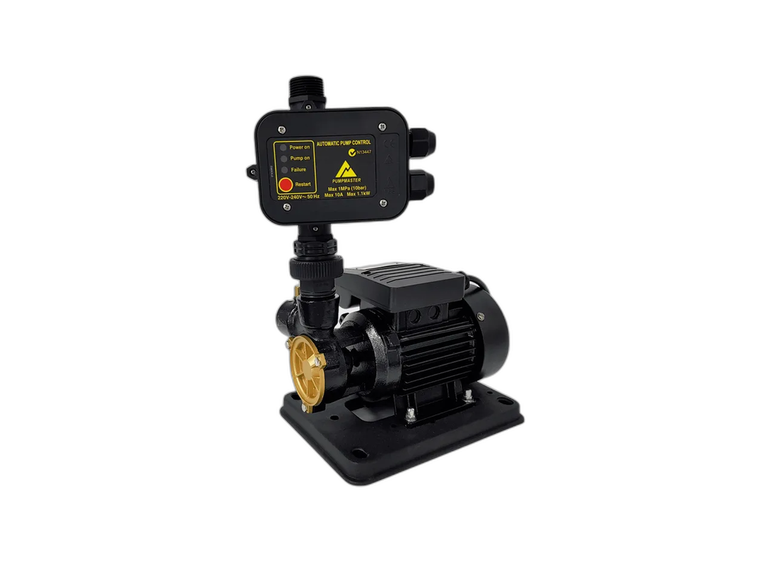 Pumpmaster TT45PC cast iron peripheral turbine pressure pump with controller, shown with durable metal construction and control panel.