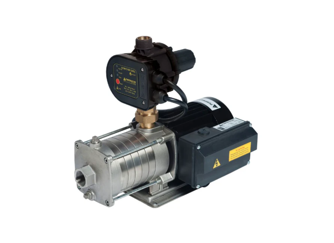 Pumpmaster CSS4-60PC stainless steel multistage pressure pump with automatic controller, ideal for high-pressure fluid transfer.