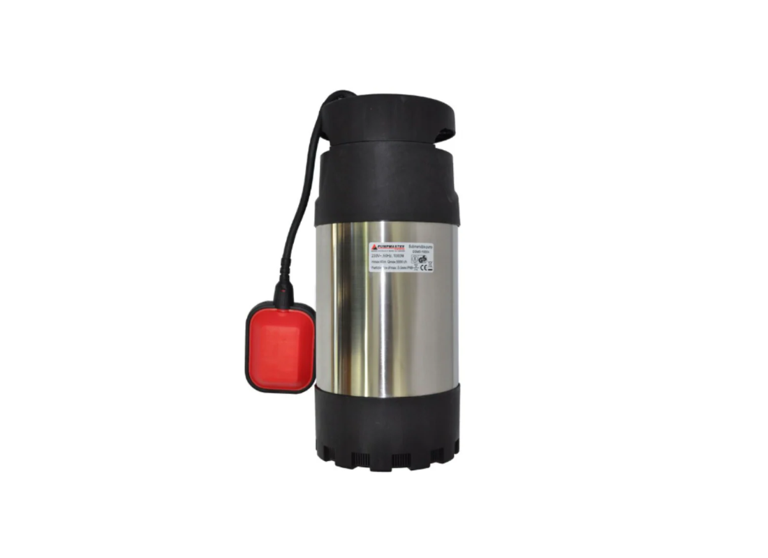 Pumpmaster DOMO 1000/4 stainless steel submersible drainage pump with float switch for efficient water removal.