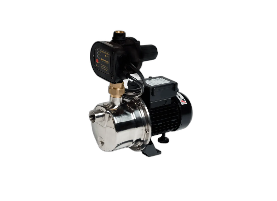 Pumpmaster JSL130PC stainless steel self-priming jet pressure pump with controller, shown with inlet and outlet connections.