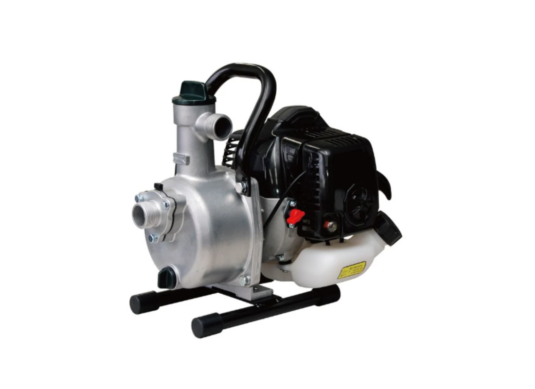 Pumpmaster KOSHIN SEV-25L single-stage transfer petrol pump with KC26 2-stroke engine, visible for easy handling and operation.