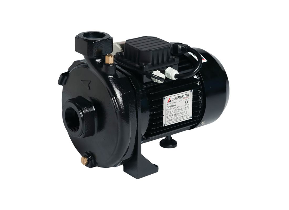 Pumpmaster SPM200 cast iron high flow centrifugal irrigation pump with single impeller, designed for efficient water transfer.