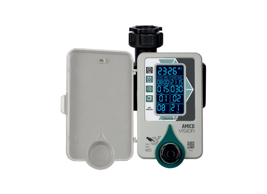 Rain AMICO VISION 1 outdoor irrigation tap timer attached to garden faucet, with digital control display and adjustable settings.