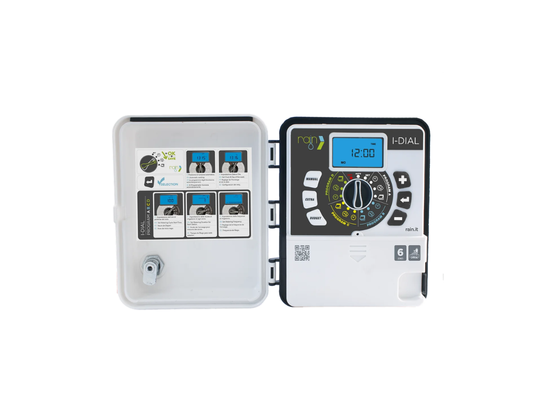 Rain I-DIAL BASIC outdoor irrigation controller with manual dial and multiple watering zones, ideal for garden irrigation systems.