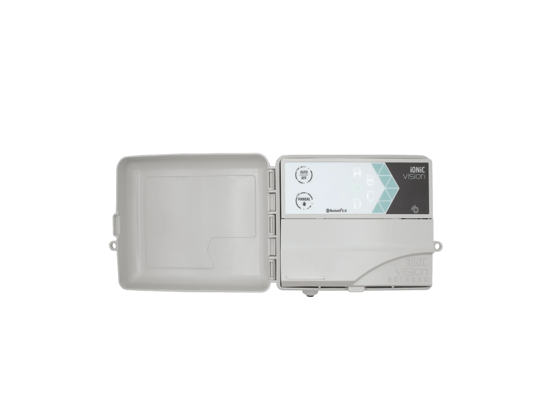 Rain IONIC VISION outdoor irrigation controller with digital display and control buttons for garden watering management.