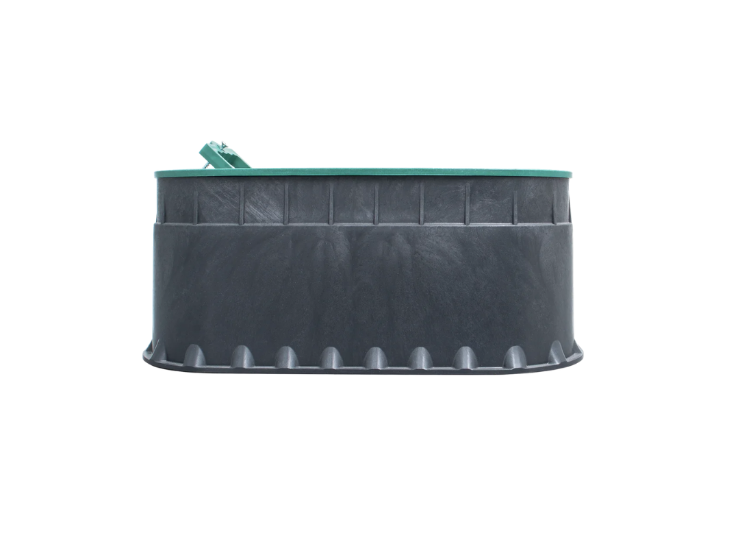 Rain PRZM NANO 113 12-inch rectangular irrigation valve box with EZOpen lid, designed for easy access and medium-sized irrigation systems.