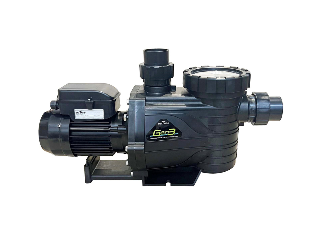 Reltech Gen3-200 single-speed pool pump with sturdy motor and pump housing, ideal for efficient pool water circulation.