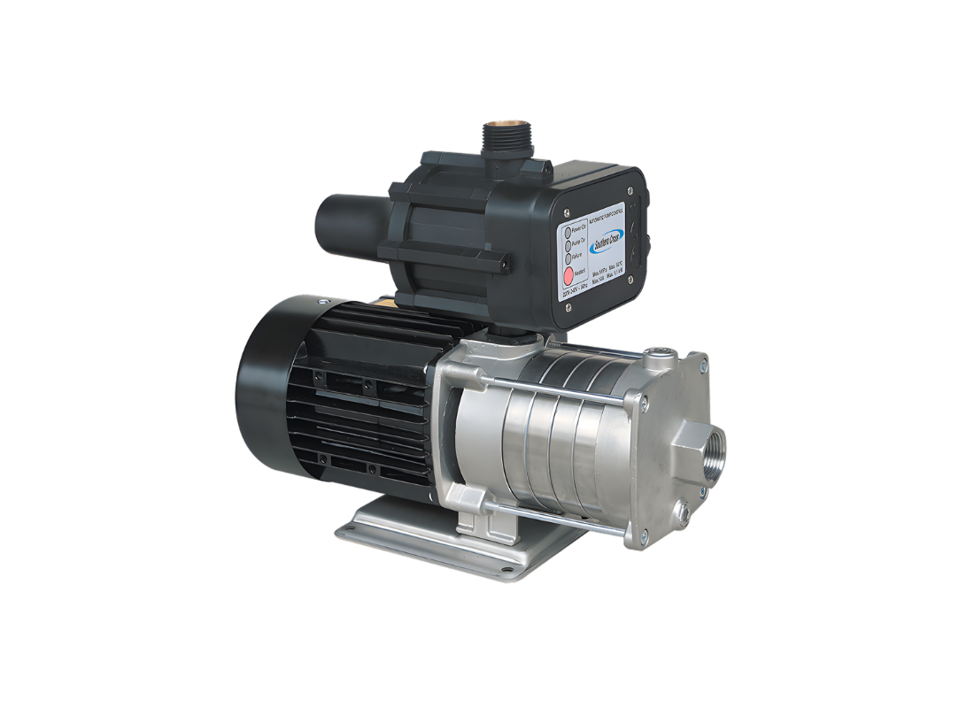 Southern Cross CBI 2-40PC15 stainless steel multistage pressure pump with controller, shown in a detailed view.