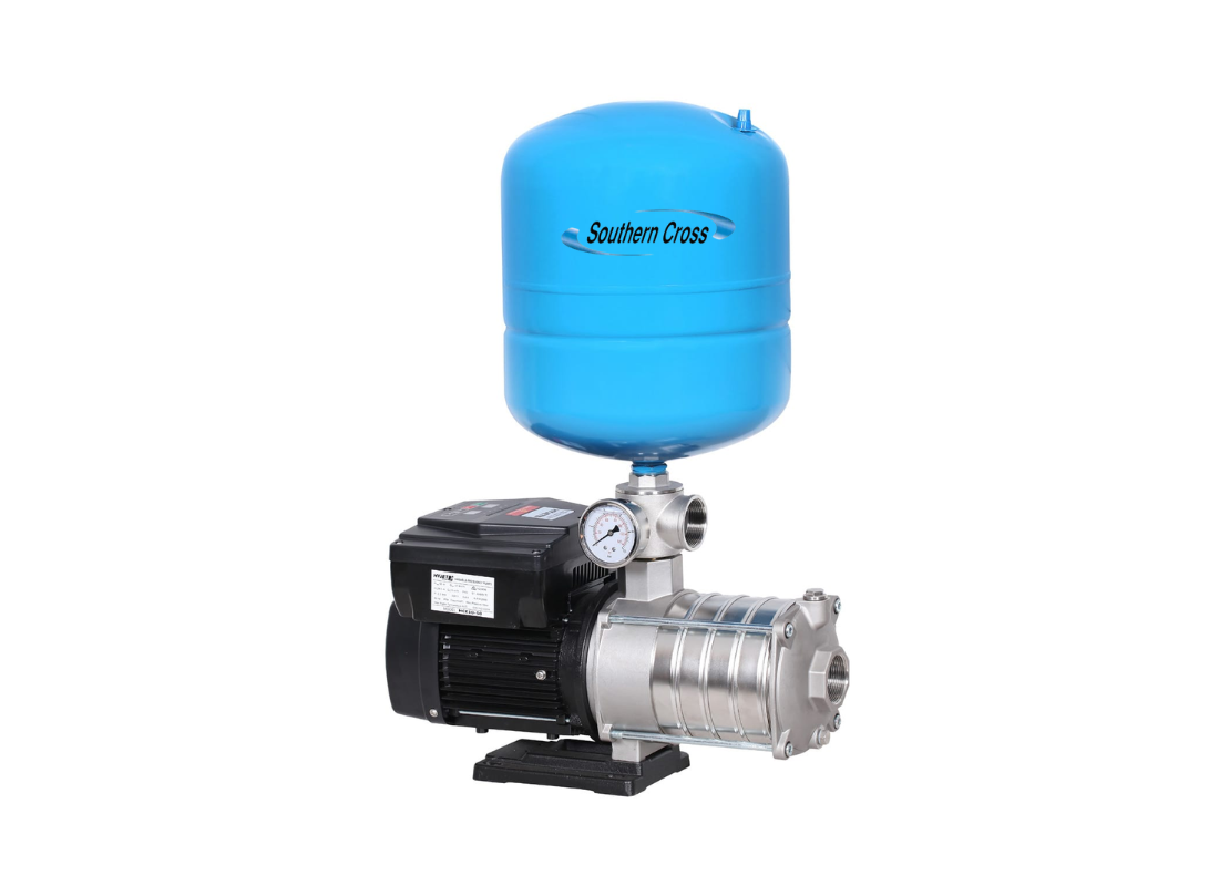 Southern Cross CBI 2-40PT18 stainless steel multistage pressure pump with an 18L pressure tank, designed for efficient water circulation.