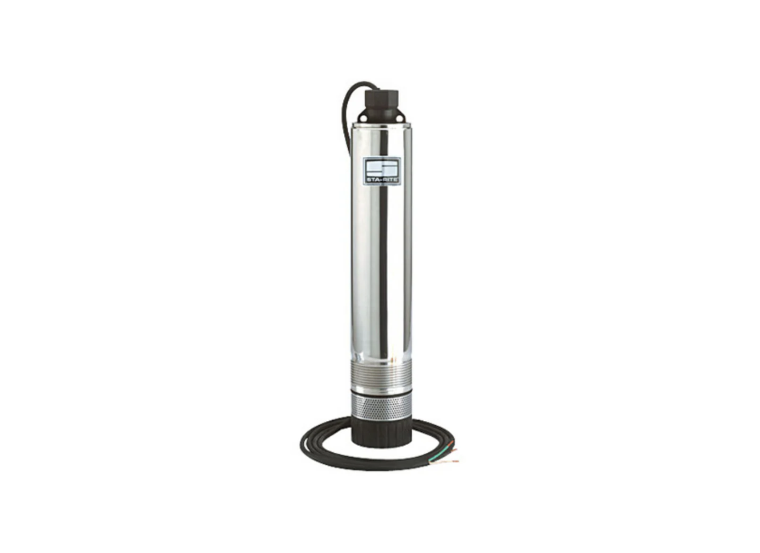 Sta-Rite 5L20P4EH stainless steel 4-inch submersible bore pump with rewindable motor, showing the pump and motor components.
