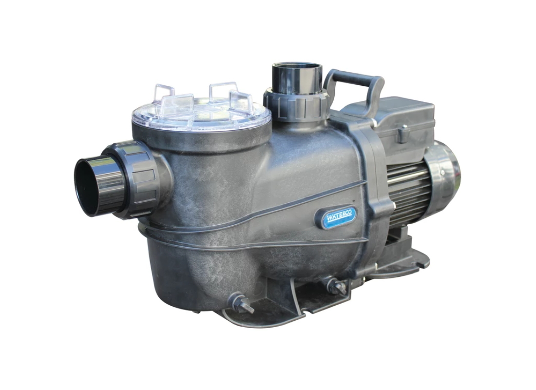 Waterco Alphaflo 150 budget compact single-speed pool pump for efficient swimming pool circulation.