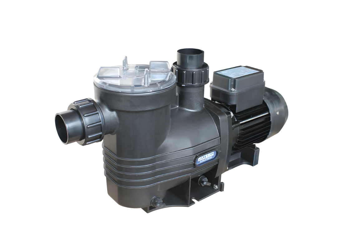 Waterco Supastream 75 compact energy-efficient single-speed pool pump with sturdy body and inlet/outlet connections for pool filtration.