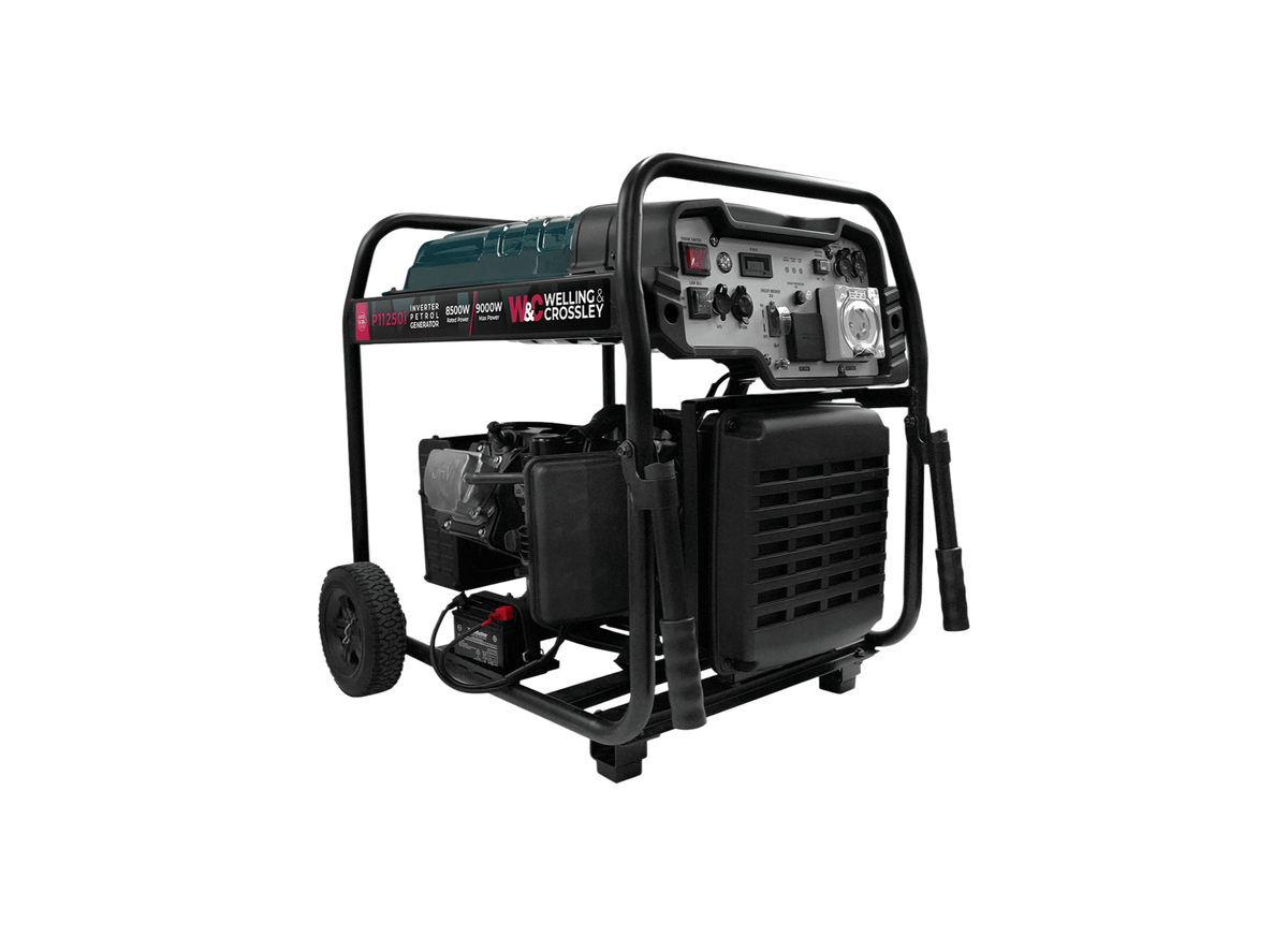 Welling & Crossley WC-P11250i 9000W Electric Start Open Frame Inverter Generator with 25L Fuel Tank, showing the generator in a detailed view.